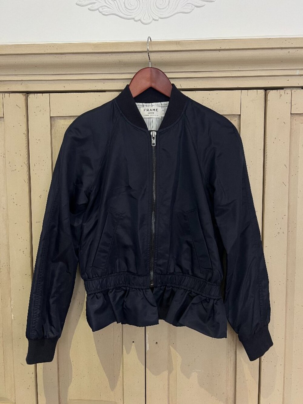 FRAME Denim Ruffle Peplum Hem Nylon Bomber Jacket Navy Zip Front Striped XS